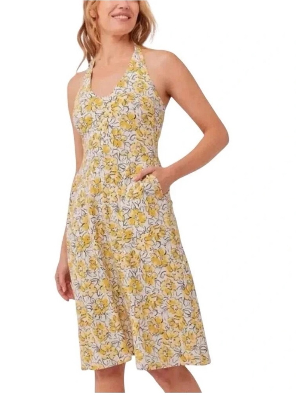 Pact Yellow & White Floral Halter Midi Dress w built-in shelf bra - Picture 3 of 7